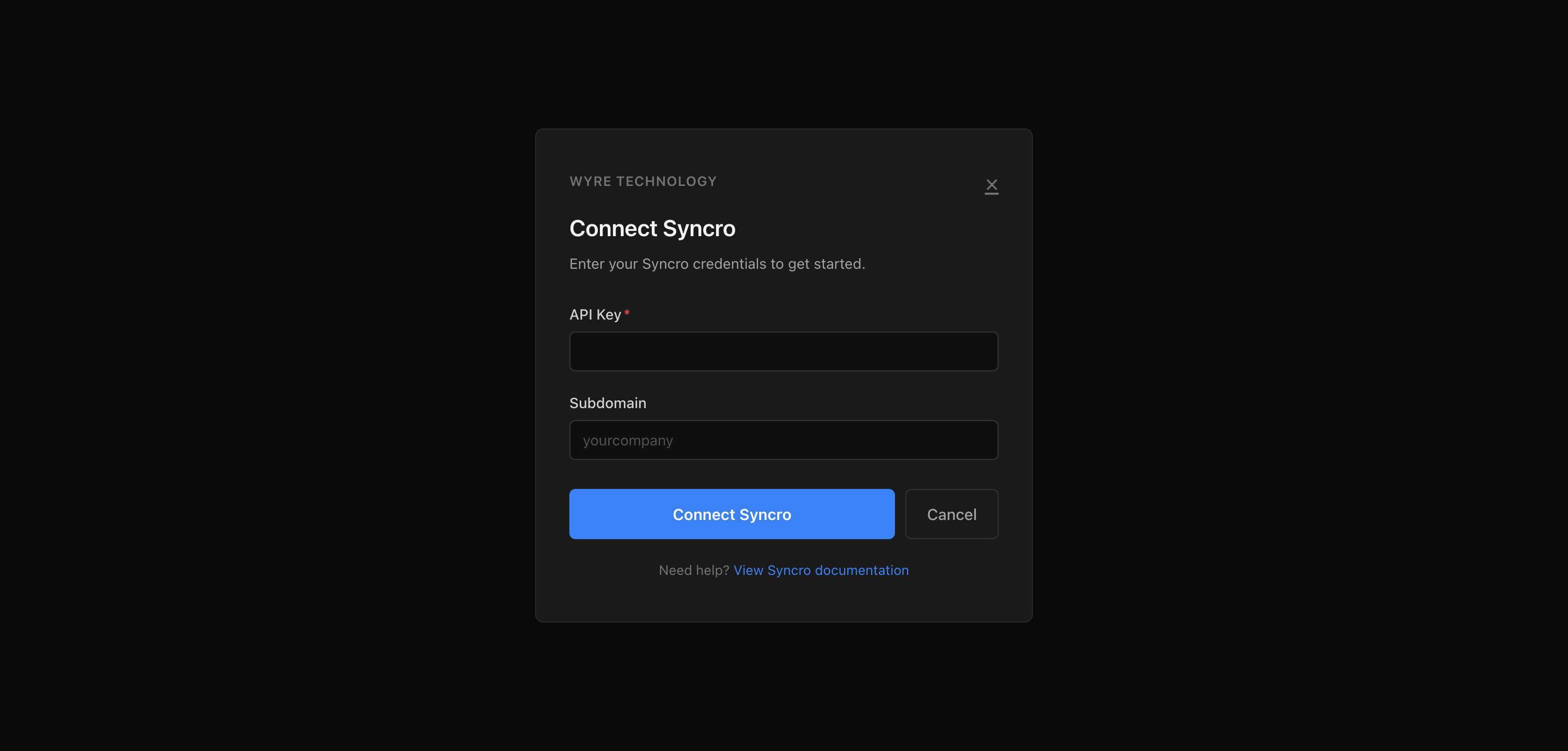 Vendor credential entry form with API Key field, Connect button, and Cancel button