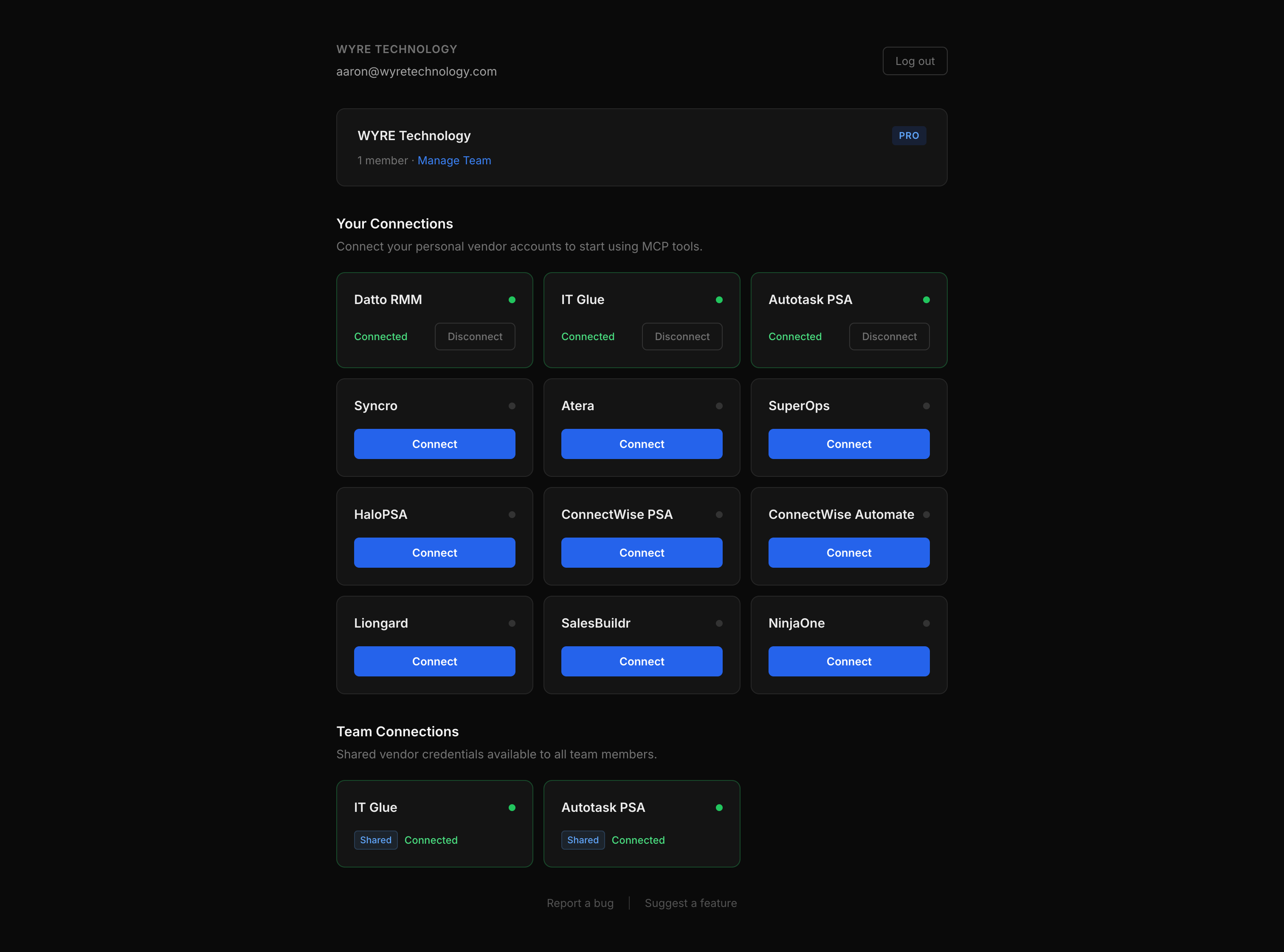Settings dashboard showing team section, personal connections, and team connections